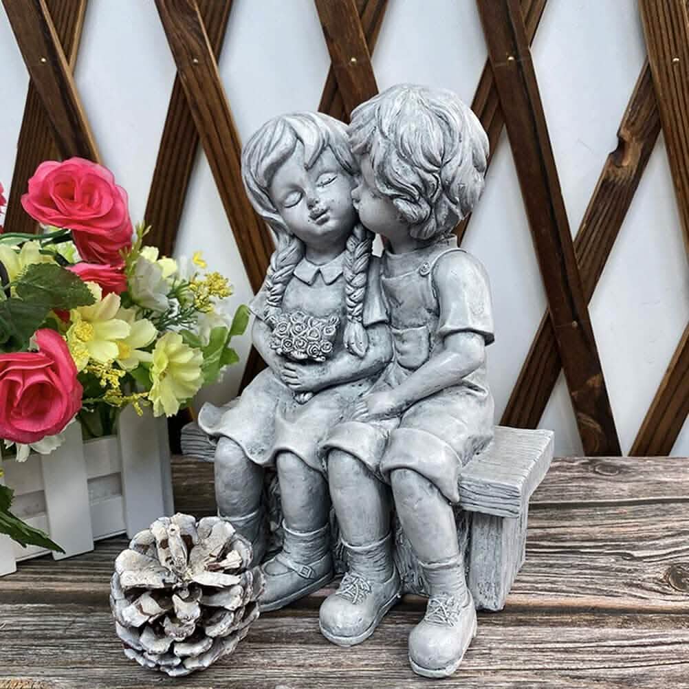 Boy Kissing Girl Statue Sitting on Bench Figurine DailySale
