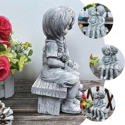 Boy Kissing Girl Statue Sitting on Bench Figurine DailySale
