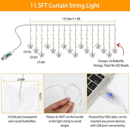 Butterfly Curtain String Lights USB Powered with 8 Modes 96 LED Remote Control DailySale