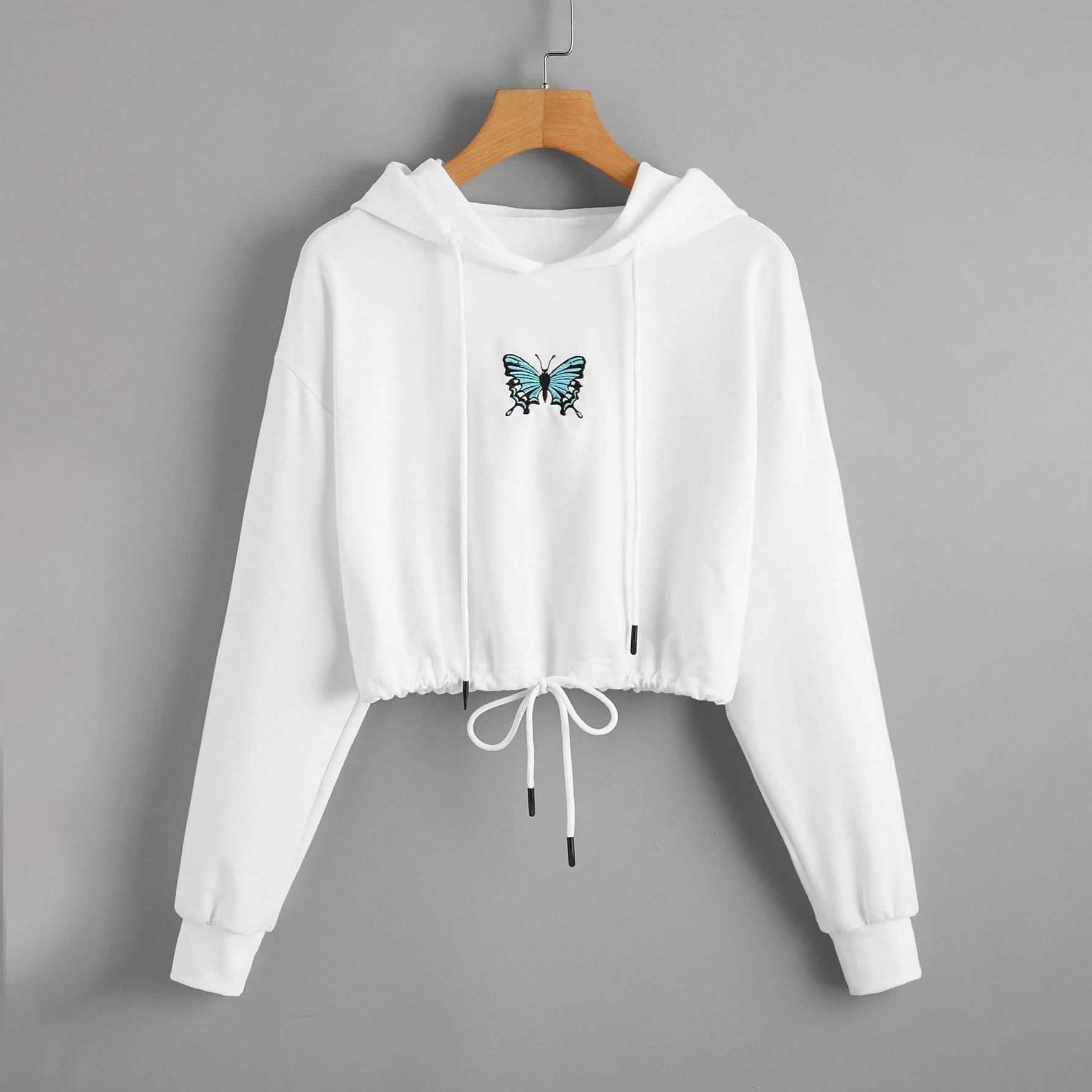 Butterfly Print Drawstring Hem Hoodie DailySale