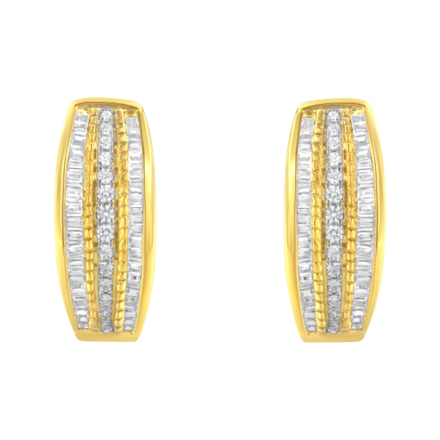 10K Yellow Gold 3/4 Cttw Pave and Channel Set Diamond Triple Row Modern Hoop Earrings (I-J Color, I2-I3 Clarity) Bids.com