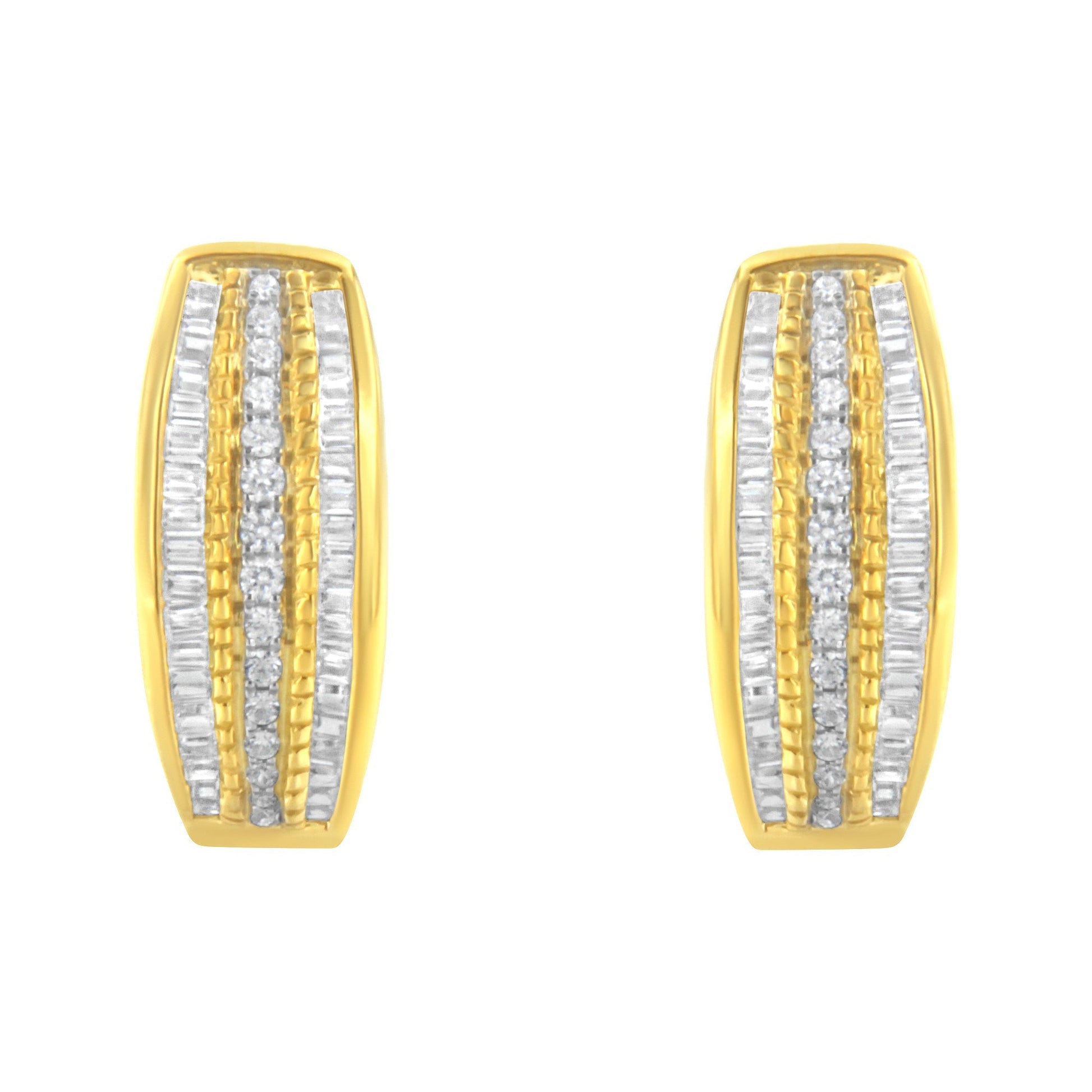 10K Yellow Gold 3/4 Cttw Pave and Channel Set Diamond Triple Row Modern Hoop Earrings (I-J Color, I2-I3 Clarity) Bids.com