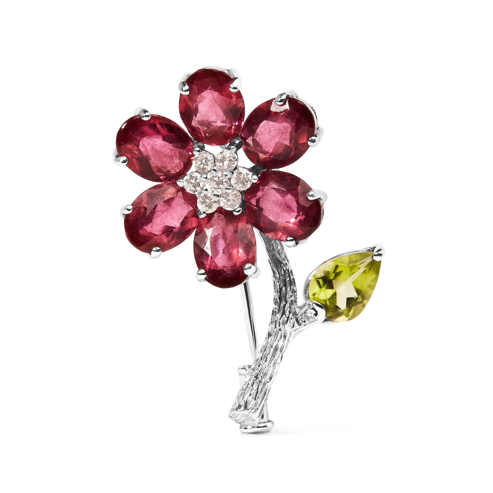 18K White Gold 1/3 Cttw Diamond, Pink Tourmaline, and Green Peridot Flower and Leaf Tulip Brooch Pin (H-I Color, VS2-SI1) Bids.com