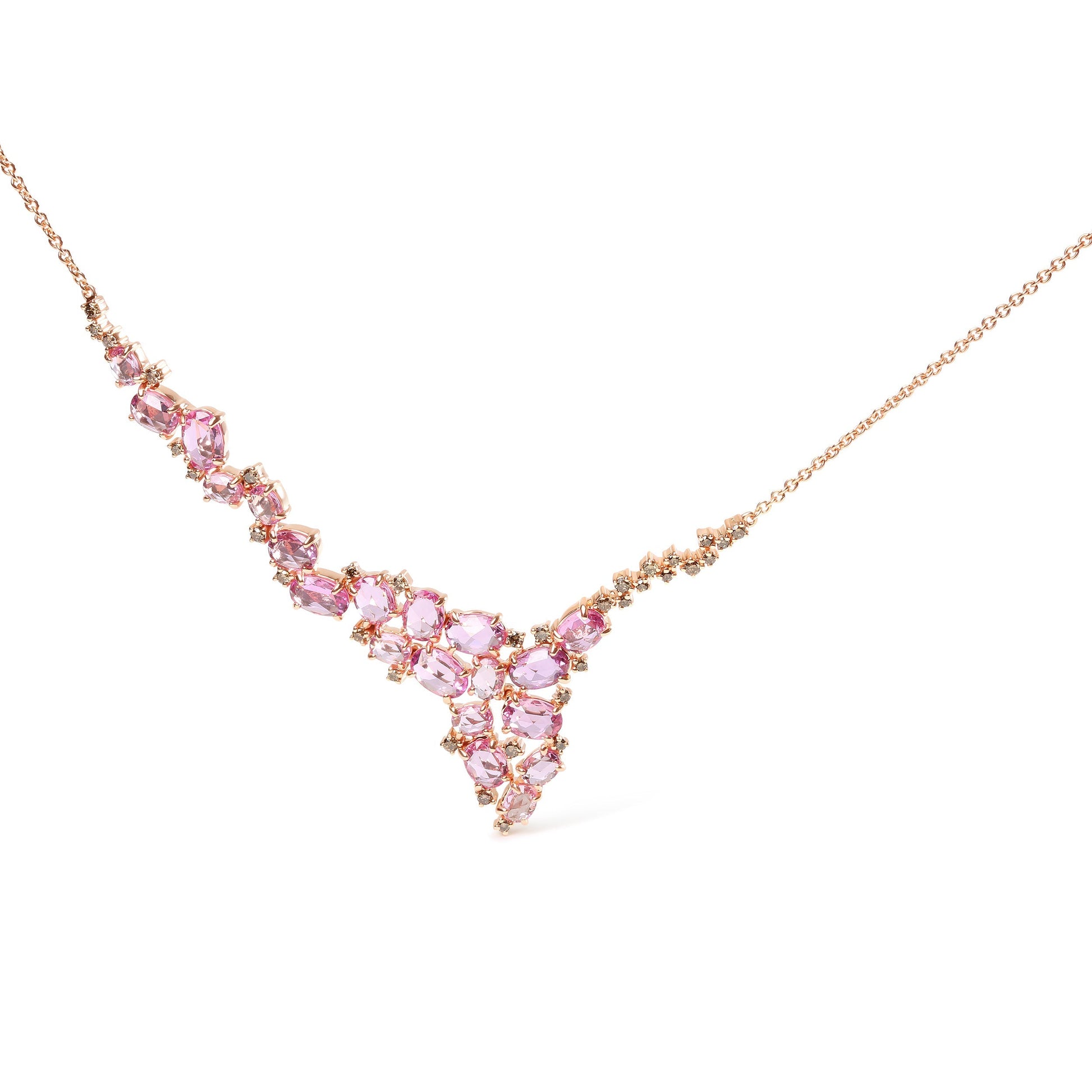 18K Rose Gold 1/2 Cttw Brown Diamond and Multi-Size Oval Pink Sapphire Cluster Cascade Statement Station Necklace (Brown Color, SI1-SI2 Clarity) - Adjustable up to 14" to 16" Bids.com