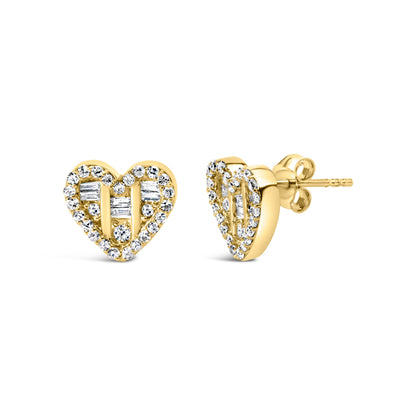 14K Yellow Gold Plated .925 Sterling Silver 1/2 Cttw Round and Baguette Diamond Composite Heart Shaped Stud Earring (I-J Color, SI2-I1 Clarity) Bids.com