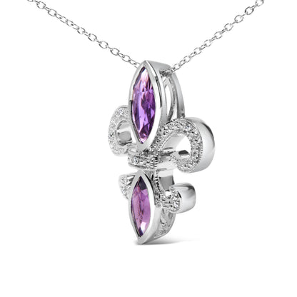 .925 Sterling Silver Purple Amethyst Marquise and Diamond Accent Fleur De Lis Pendant Necklace (H-I Color, SI1-SI2 Clarity) - Size 18" Bids.com