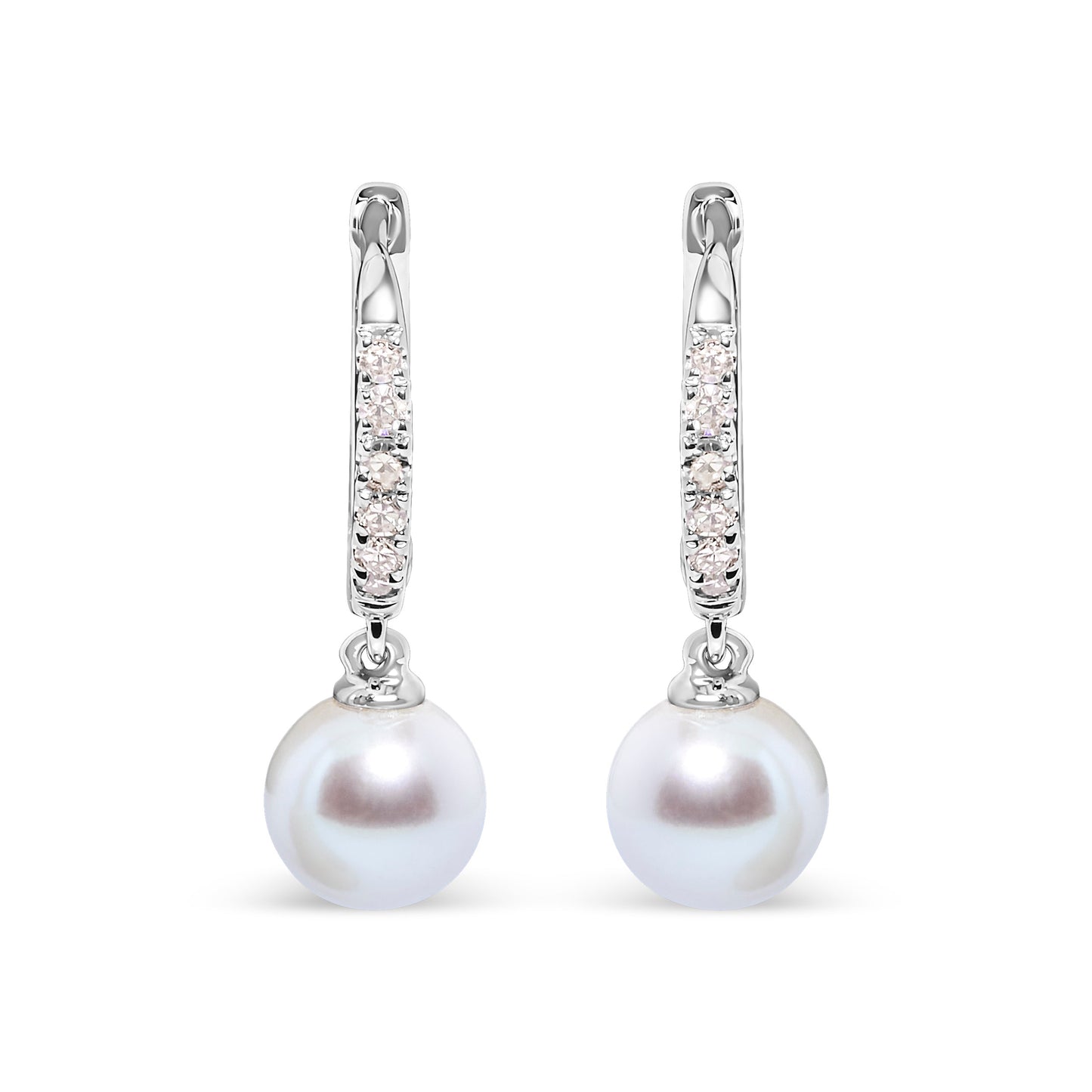 10K White Gold 6x6 MM Cultured Freshwater Pearl and Diamond Accent Drop Huggy Earring (H-I Color, I1-I2 Clarity) Bids.com