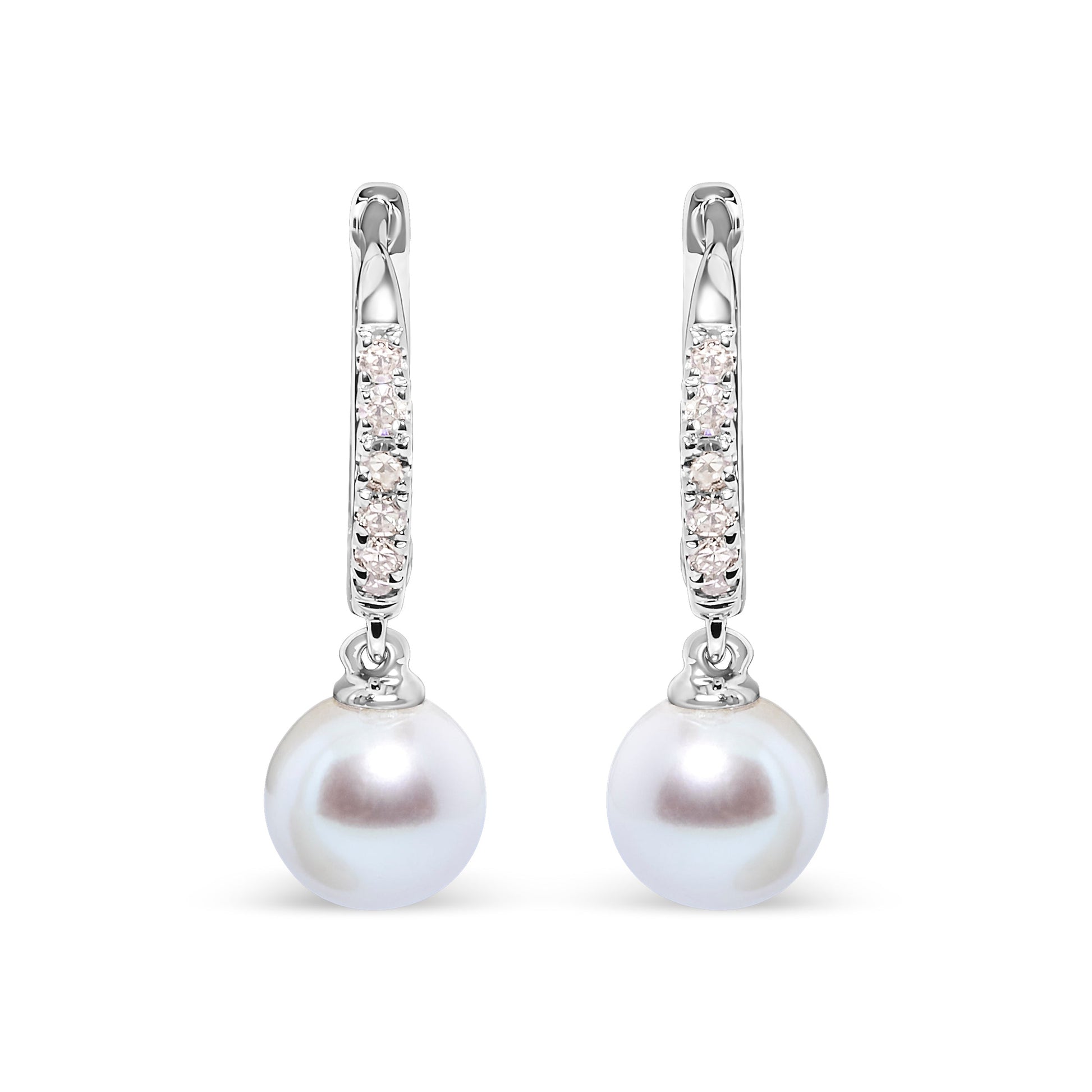 10K White Gold 6x6 MM Cultured Freshwater Pearl and Diamond Accent Drop Huggy Earring (H-I Color, I1-I2 Clarity) Bids.com