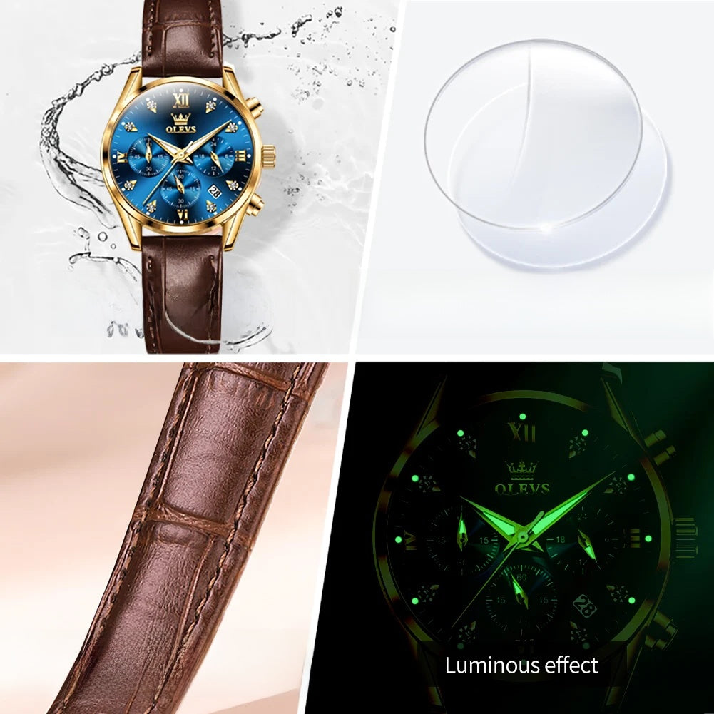 Women's Leather Strap Quartz Waterproof Luminous Watch BandsCo Straps