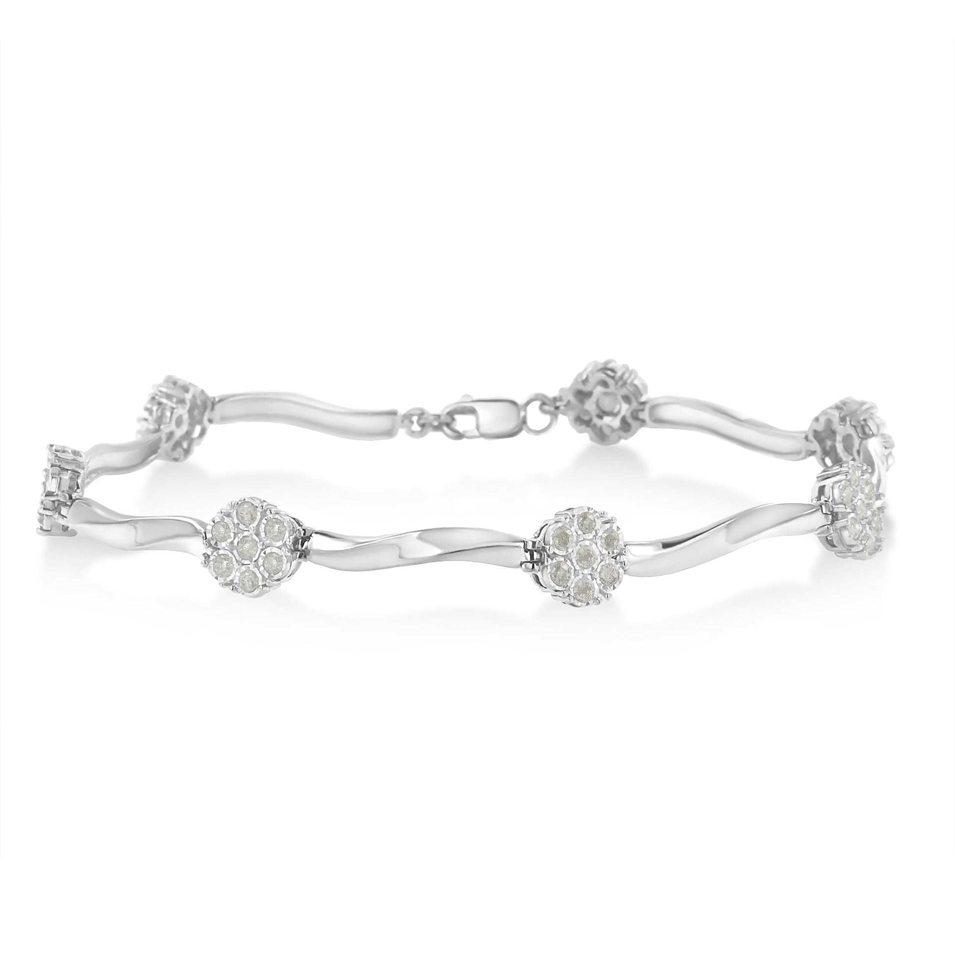 .925 Sterling Silver 1.0 Cttw Diamond Cluster Miracle-Set Station & Twisted Bar 7" Tennis Bracelet (H-I Color, I1-I2 Clarity) Bids.com