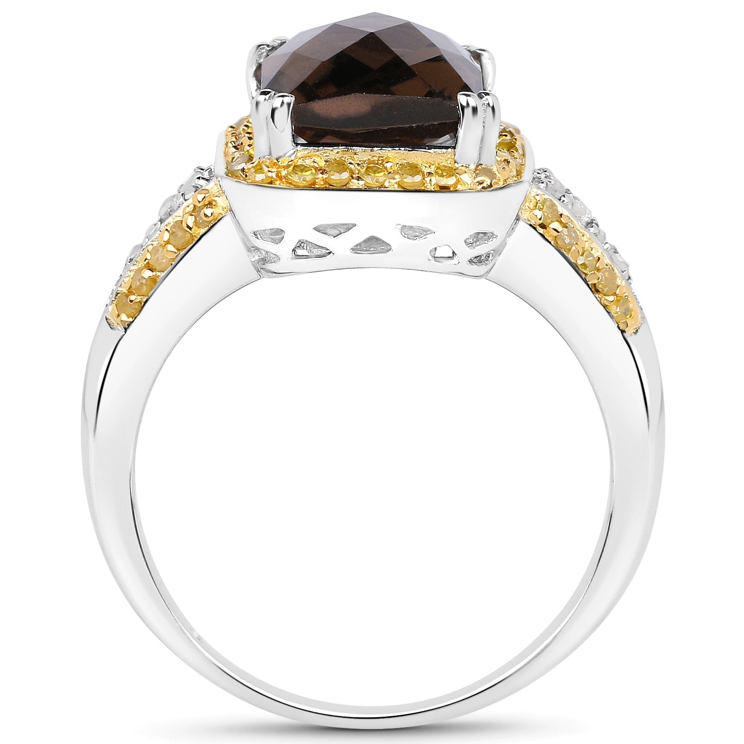 3.48 Carat Genuine Smoky Quartz, Yellow Diamond and White Diamond .925 Sterling Silver Ring Bids.com