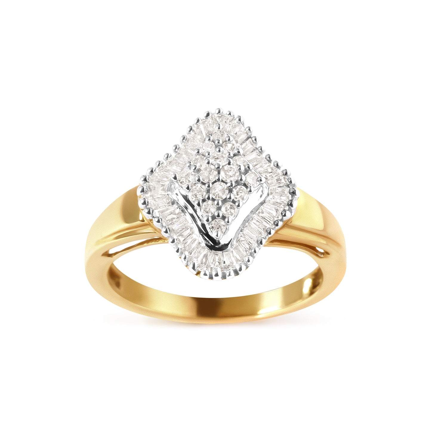 10K Yellow Gold 1/2 Cttw Round And Baguette-cut Diamond Rhombus Head and Halo Ring (I-J Color, I1-I2 Clarity) - Ring Size 7 Bids.com