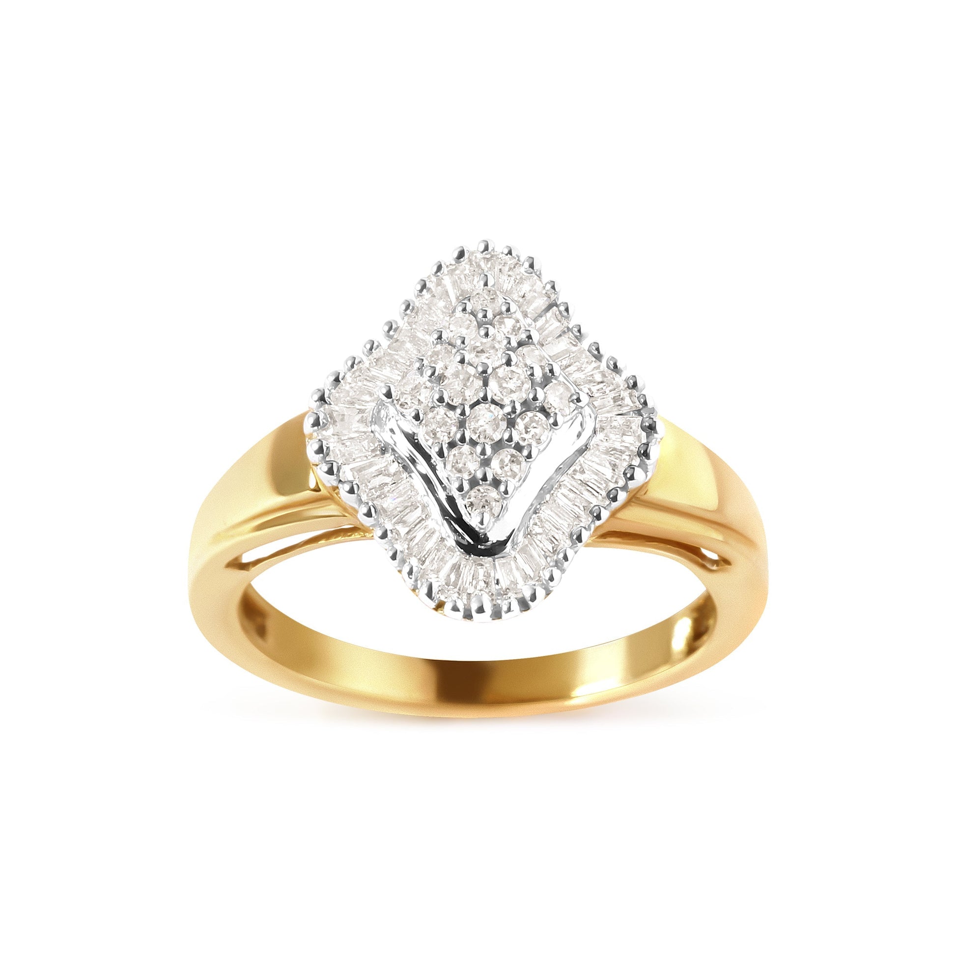 10K Yellow Gold 1/2 Cttw Round And Baguette-cut Diamond Rhombus Head and Halo Ring (I-J Color, I1-I2 Clarity) - Ring Size 7 Bids.com