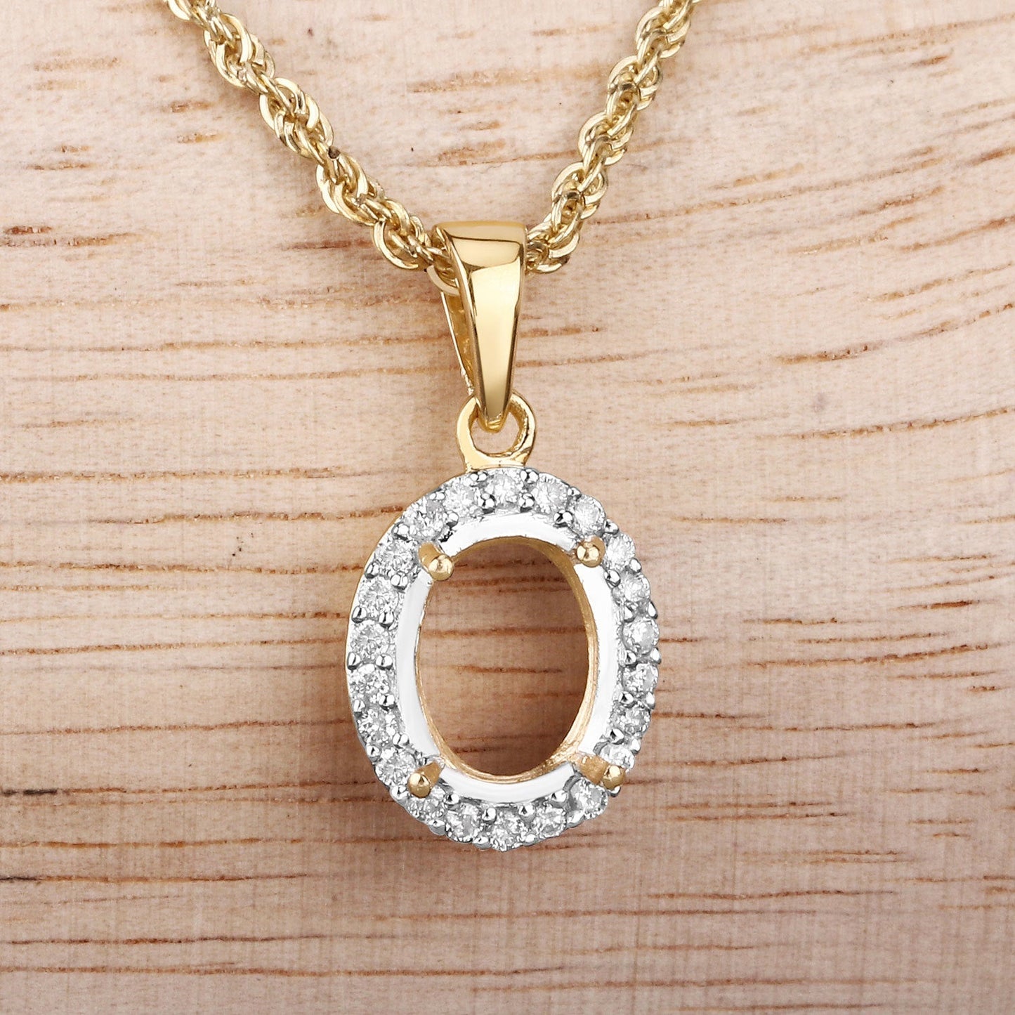 0.22 Carat Genuine White Diamond 14K Yellow Gold Semi Mount Pendant - holds 9x7mm Oval Gemstone Bids.com