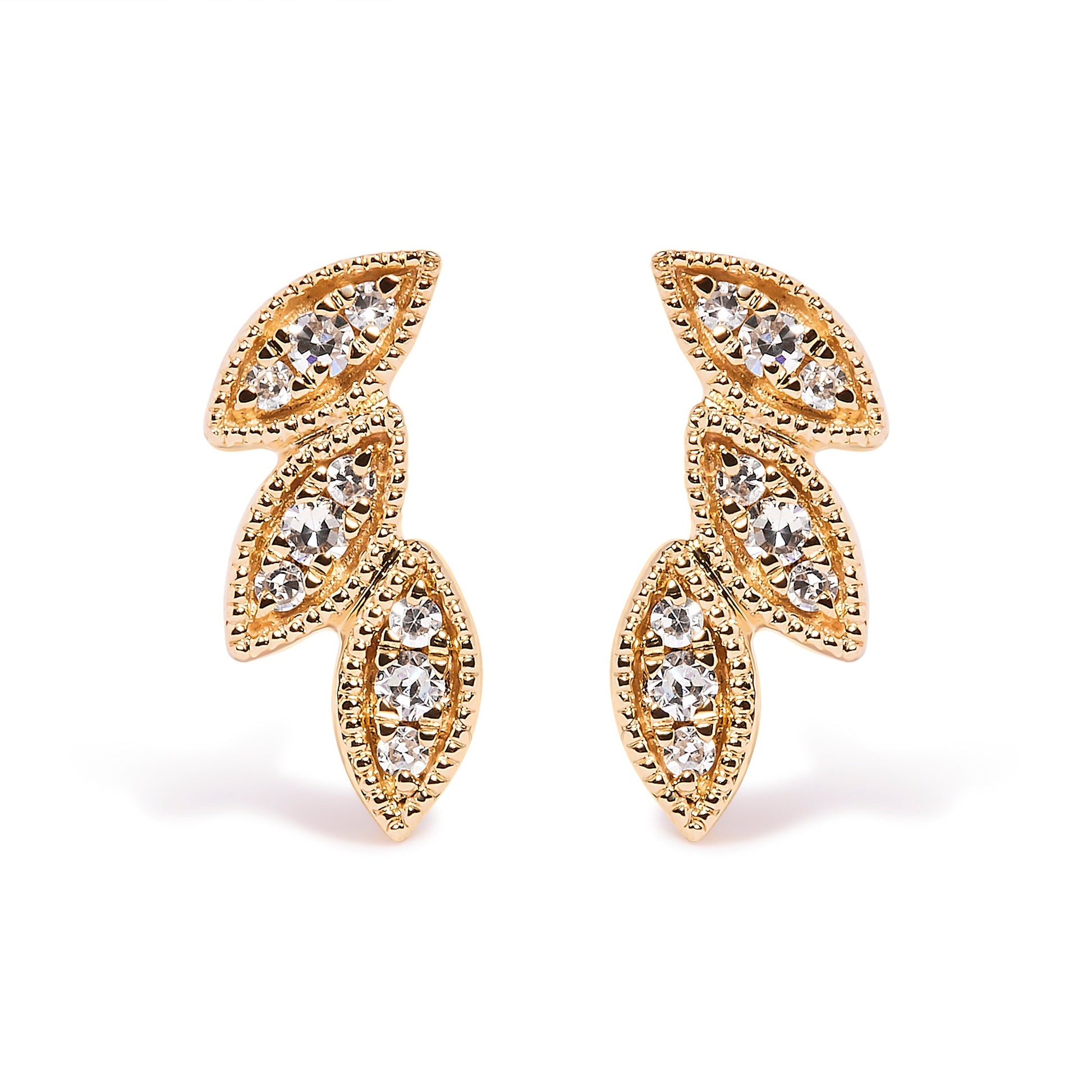 10K Yellow Gold 1/10 Cttw Diamond Triple Leaf Stud Earring (H-I Color, I1-I2 Clarity) Bids.com