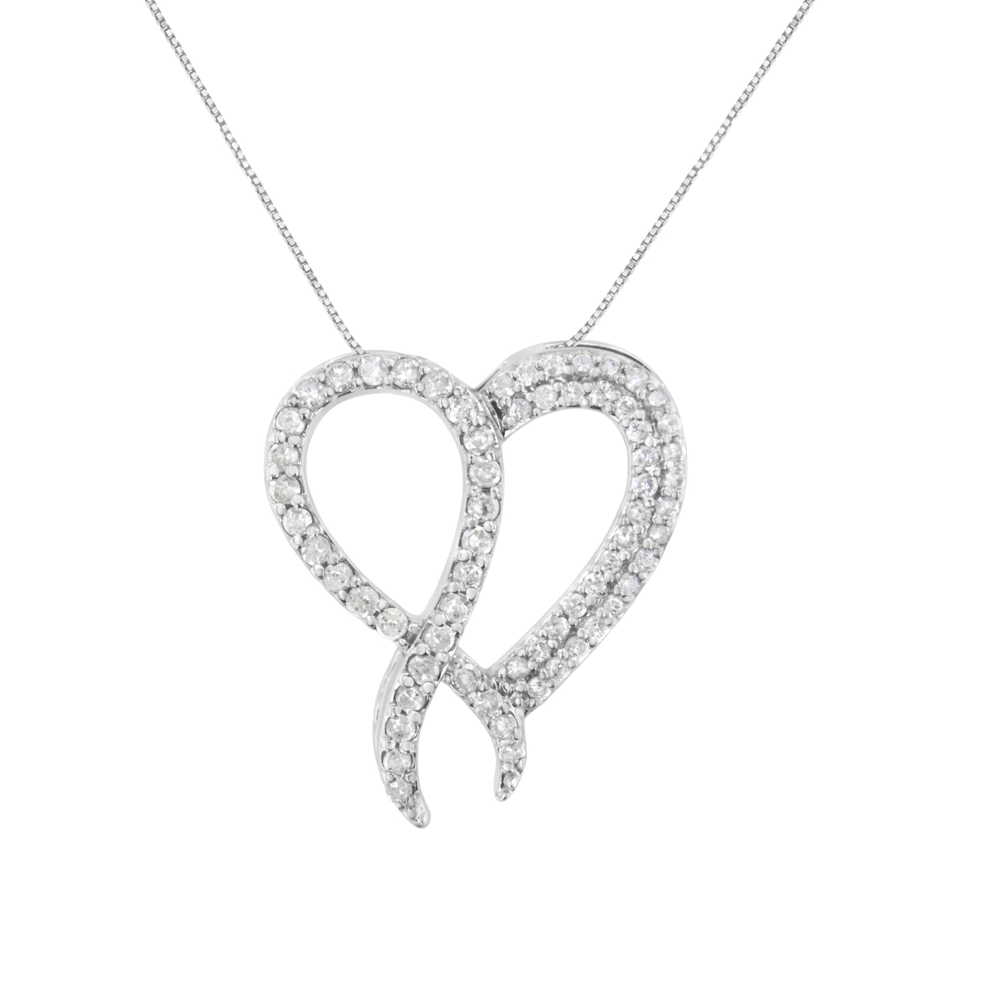 .925 Sterling Silver 1 cttw Diamond Heart and Ribbon 18" Pendant Necklace (I-J Clarity, I2-I3 Color) - 18" Bids.com