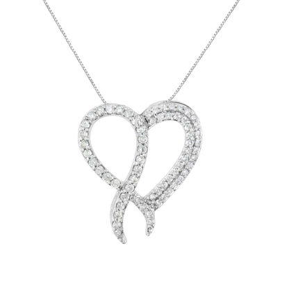 .925 Sterling Silver 1 cttw Diamond Heart and Ribbon 18" Pendant Necklace (I-J Clarity, I2-I3 Color) - 18" Bids.com