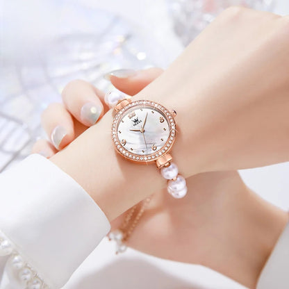 Women's Pearl Bracelet Watch Rose Gold Crystal Bezel BandsCo Straps