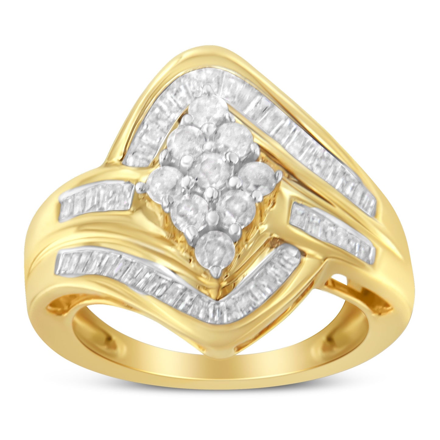 10K Yellow Gold over .925 Sterling Silver Diamond Bypass Cluster Ring (1 Cttw, I-J Color, I2-I3 Clarity) - Size 6 Bids.com
