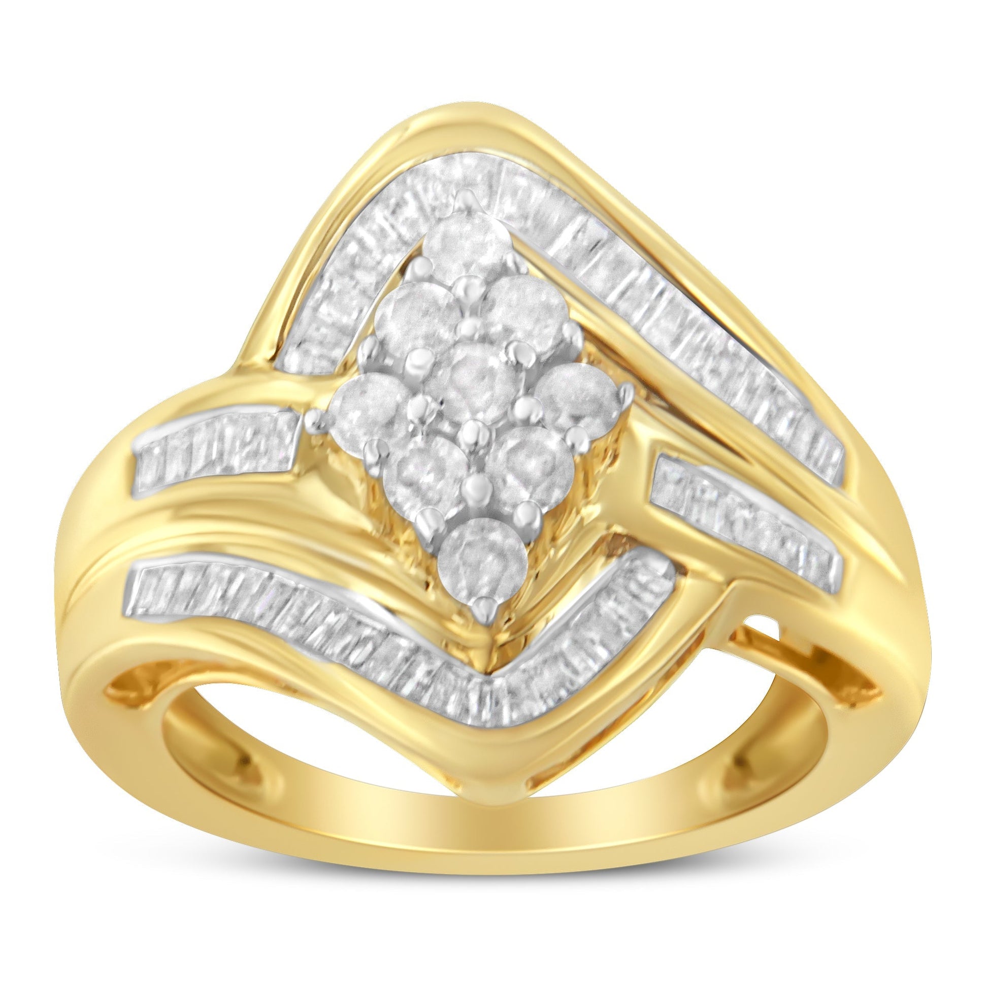 10K Yellow Gold over .925 Sterling Silver Diamond Bypass Cluster Ring (1 Cttw, I-J Color, I2-I3 Clarity) - Size 6 Bids.com