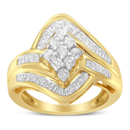 10K Yellow Gold over .925 Sterling Silver Diamond Bypass Cluster Ring (1 Cttw, I-J Color, I2-I3 Clarity) - Size 6 Bids.com