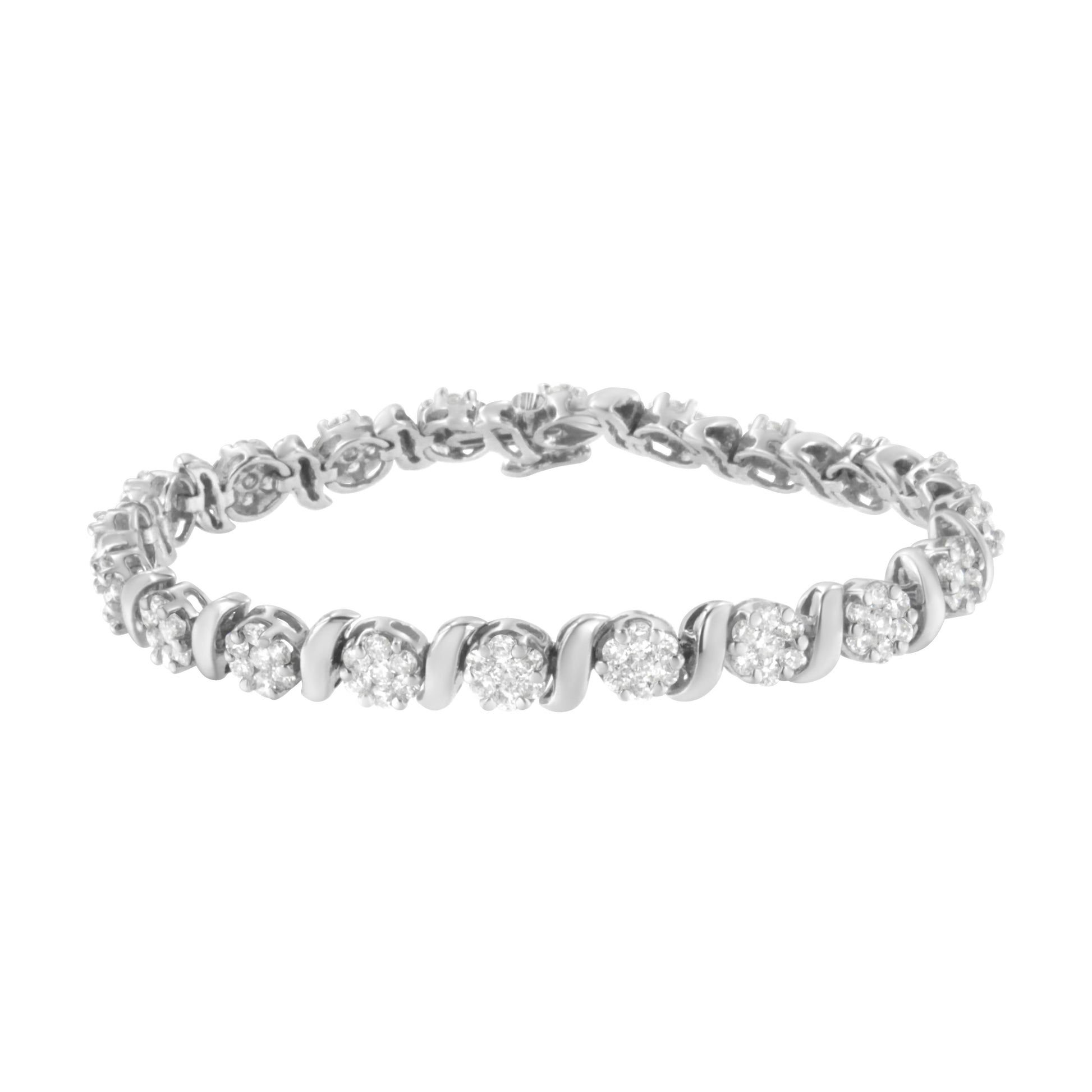 14K White Gold 5 1/4 cttw Diamond S-Link Floral Cluster Tennis Bracelet (I-J Clarity, SI2-I1 Color) - Size 7" Bids.com