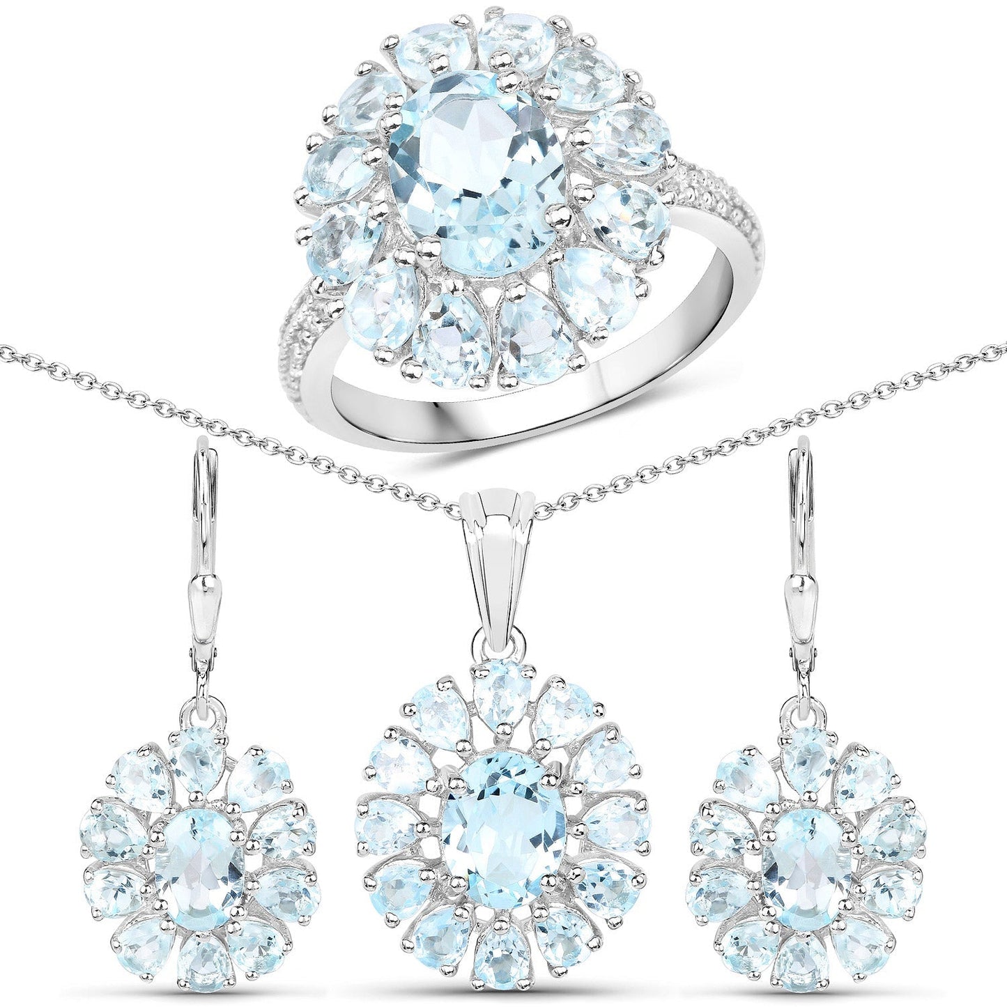 14.02 Carat Genuine Blue Topaz and White Topaz .925 Sterling Silver 3 Piece Jewelry Set (Ring, Earrings, and Pendant w/ Chain) Bids.com