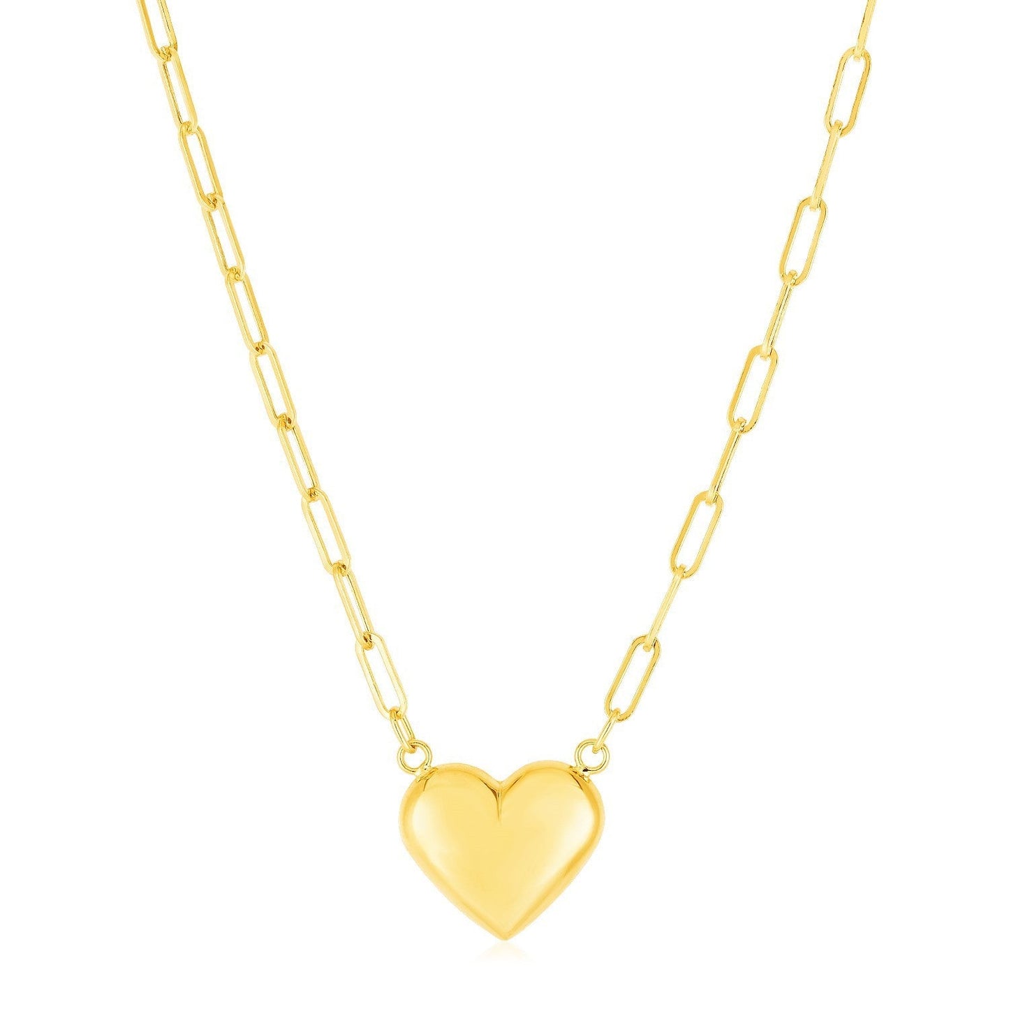 14k Yellow Gold Paperclip Chain Necklace with Puffed Heart Bids.com