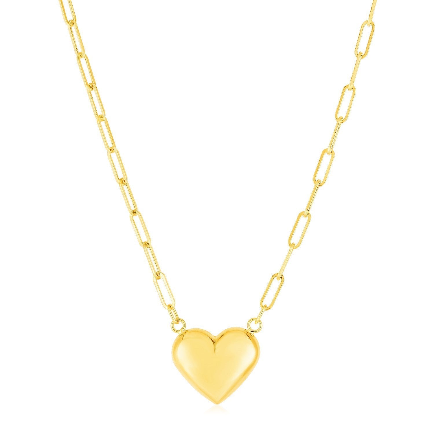 14k Yellow Gold Paperclip Chain Necklace with Puffed Heart Bids.com