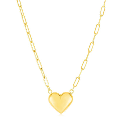 14k Yellow Gold Paperclip Chain Necklace with Puffed Heart Bids.com
