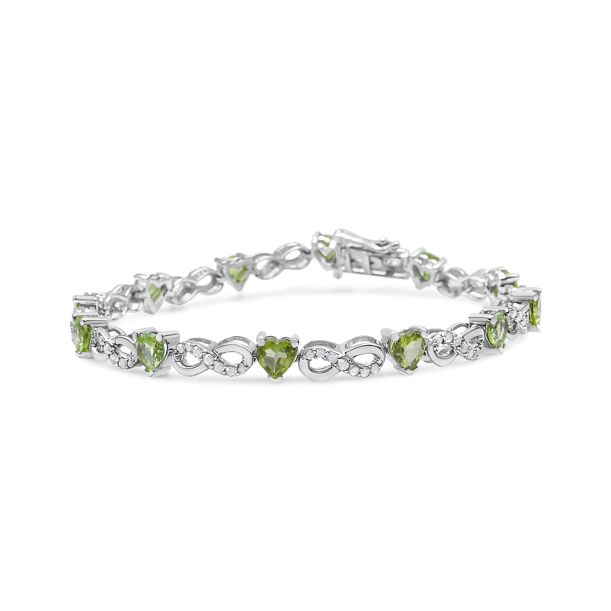 .925 Sterling Silver 1.00 Cttw Diamond and 4.00mm Lab Created Green Heart-Shaped Peridot Infinity Link Bracelet (I-J Color, I2-I3 Clarity) - 7.25" Bids.com