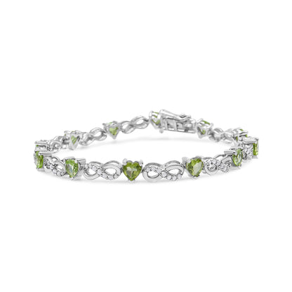 .925 Sterling Silver 1.00 Cttw Diamond and 4.00mm Lab Created Green Heart-Shaped Peridot Infinity Link Bracelet (I-J Color, I2-I3 Clarity) - 7.25" Bids.com