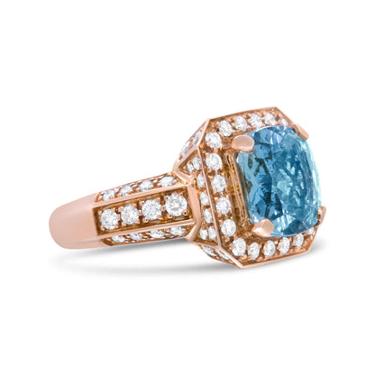 18K Rose Gold 10x10mm Cushion Shaped Aquamarine and 1 1/8 Cttw Round Diamond Halo Ring (F-G Color, VS1-VS2 Clarity) - Ring Size 6.5 Bids.com