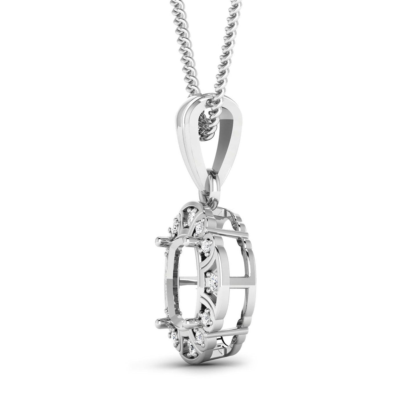 0.09 Carat Genuine White Diamond 14K White Gold Semi Mount Pendant - holds 8x8mm Cushion Gemstone Bids.com