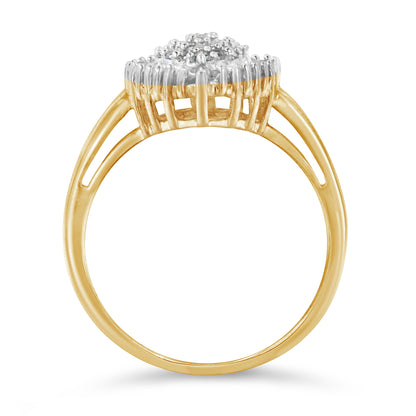 10K Yellow Gold 1/2 Cttw Round & Baguette Cut Diamond Pear Shaped Domed PavÃ© Cluster with Halo Cocktail Ring (J-K Color, I1-I2 Clarity) - Size 4-1/4 Bids.com