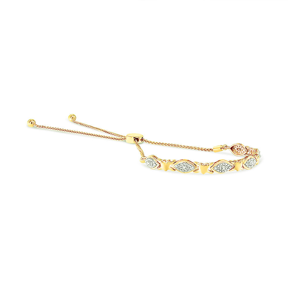 14K Yellow Gold Plated .925 Sterling Silver Diamond Accent Alternating Marquise Shape and Heart Links Bolo Bracelet (I-J Color, I3 Clarity) - Adjustable 6" to 9" Bids.com