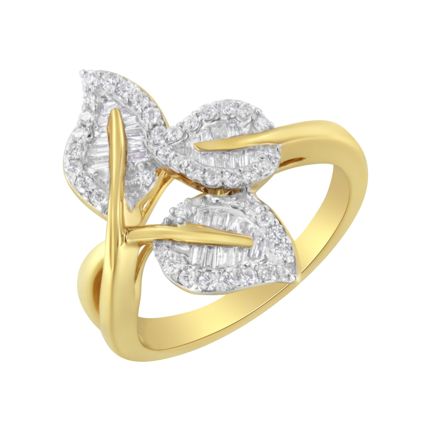 10k Yellow and White Gold 1/2 Cttw Baguette and Round Diamond Bypass Triple Leaf Ring (I-J Color, I1-I2 Clarity) - Size 7 Bids.com