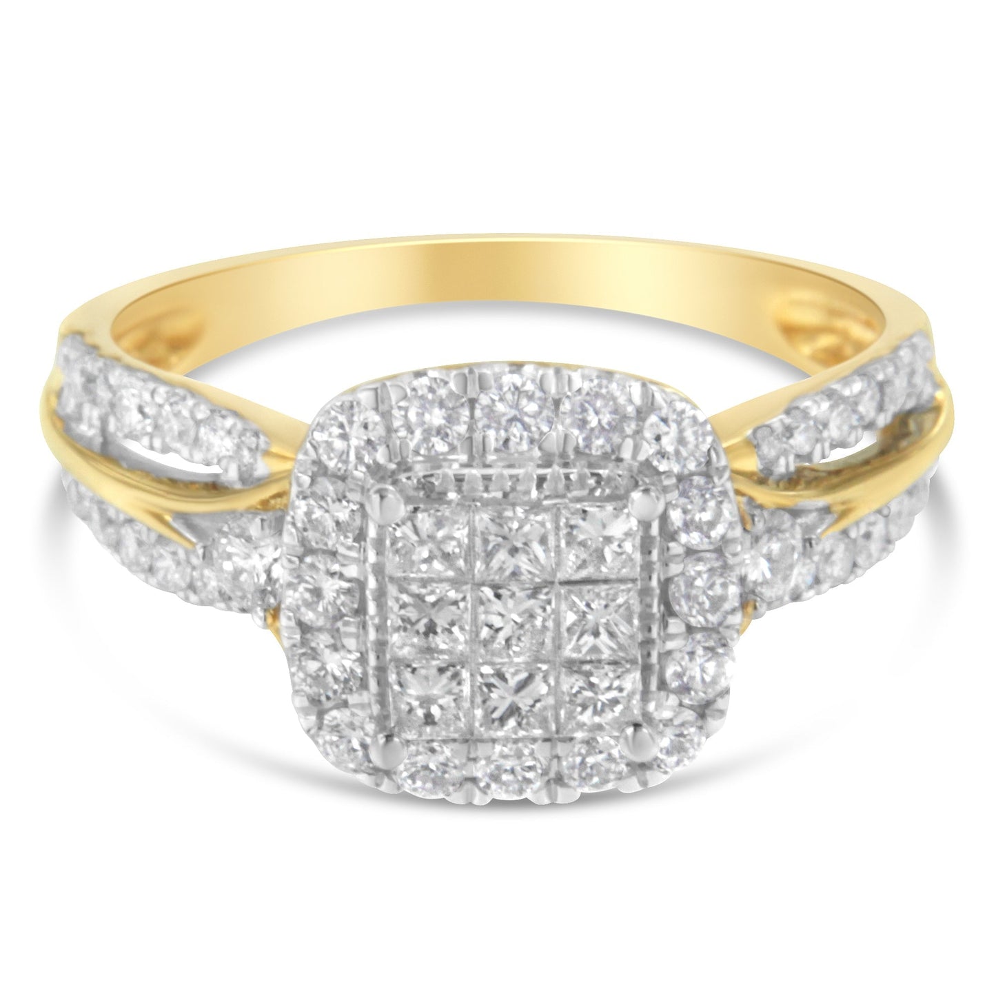 10K Yellow Gold 1.0 Cttw Diamond Composite Cushion-Shape Halo 3-Band-Look Engagement Ring (H-I Color, SI1-SI2 Clarity) - Size 6-1/4 Bids.com
