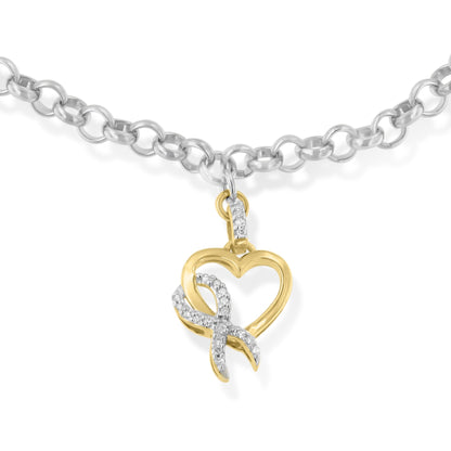 10K Yellow Gold 1/10 Cttw Diamond Awareness Ribbon & Heart Charm on 7" .925 Sterling Silver Rolo Bracelet (H-I Color, I1-I2 Clarity) Bids.com
