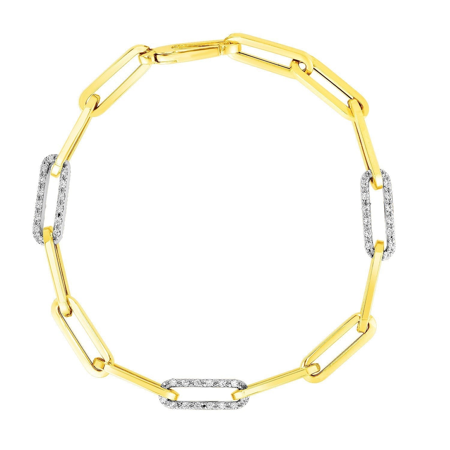 14k Yellow Gold 7 1/2 inch Paperclip Chain Bracelet with Three Diamond Links Bids.com