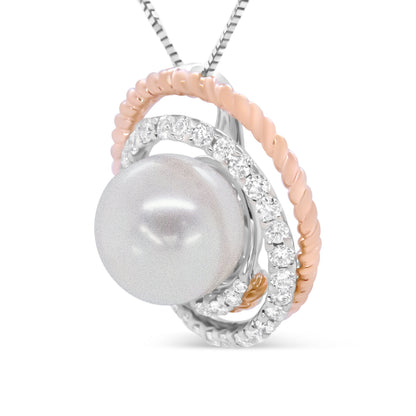 14K Rose and White Gold 3/8 Cttw Pave Diamond and 9mm Round Pearl Spiral Openwork 18" Pendant Necklace- (H-I Color, VS1-VS2 Clarity) Bids.com