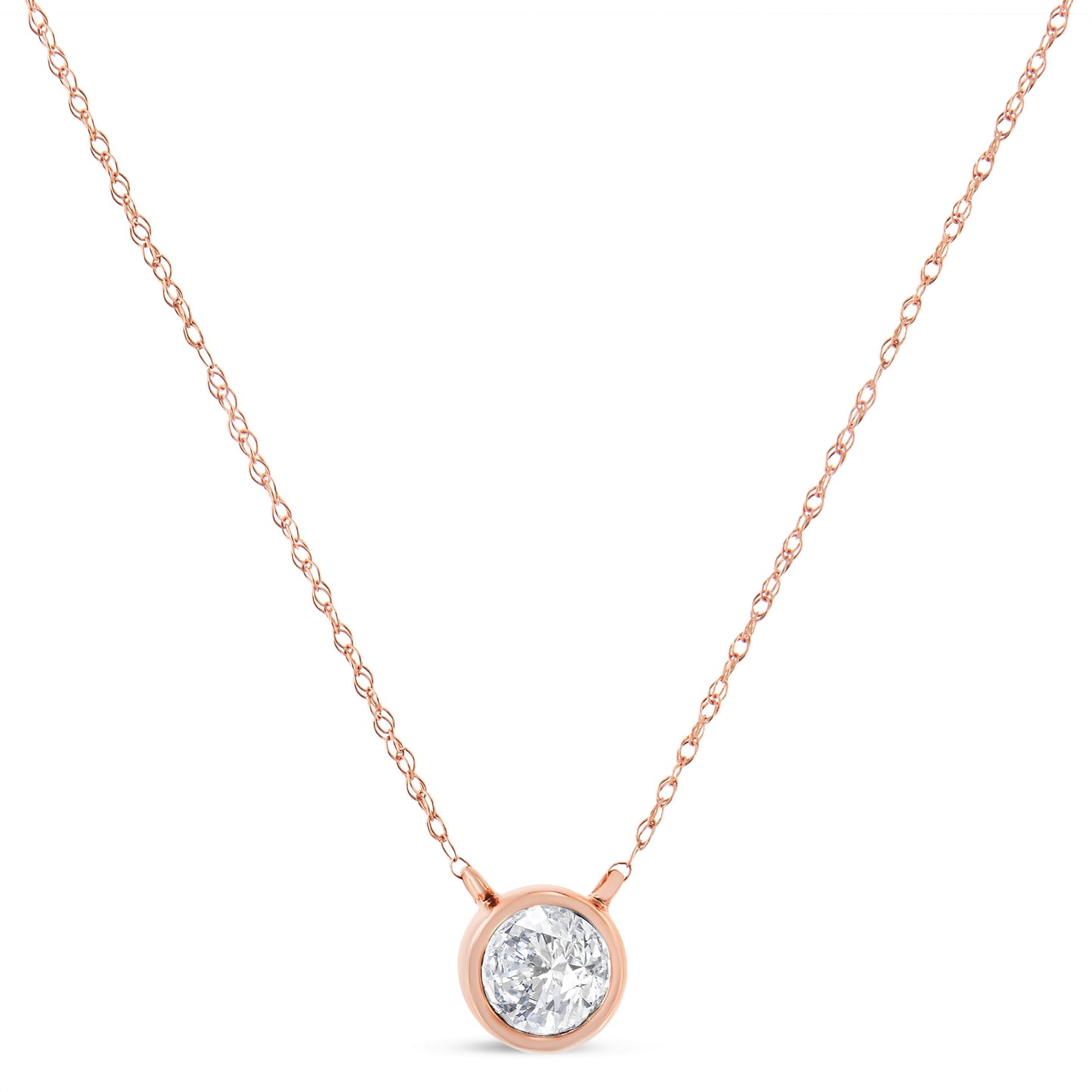 AGS Certified 10K Rose Gold 1/5 Cttw Bezel Set Round Diamond Solitaire 16-18" Adjustable Pendant Necklace (H-I Color, VS1-VS2 Clarity) Bids.com