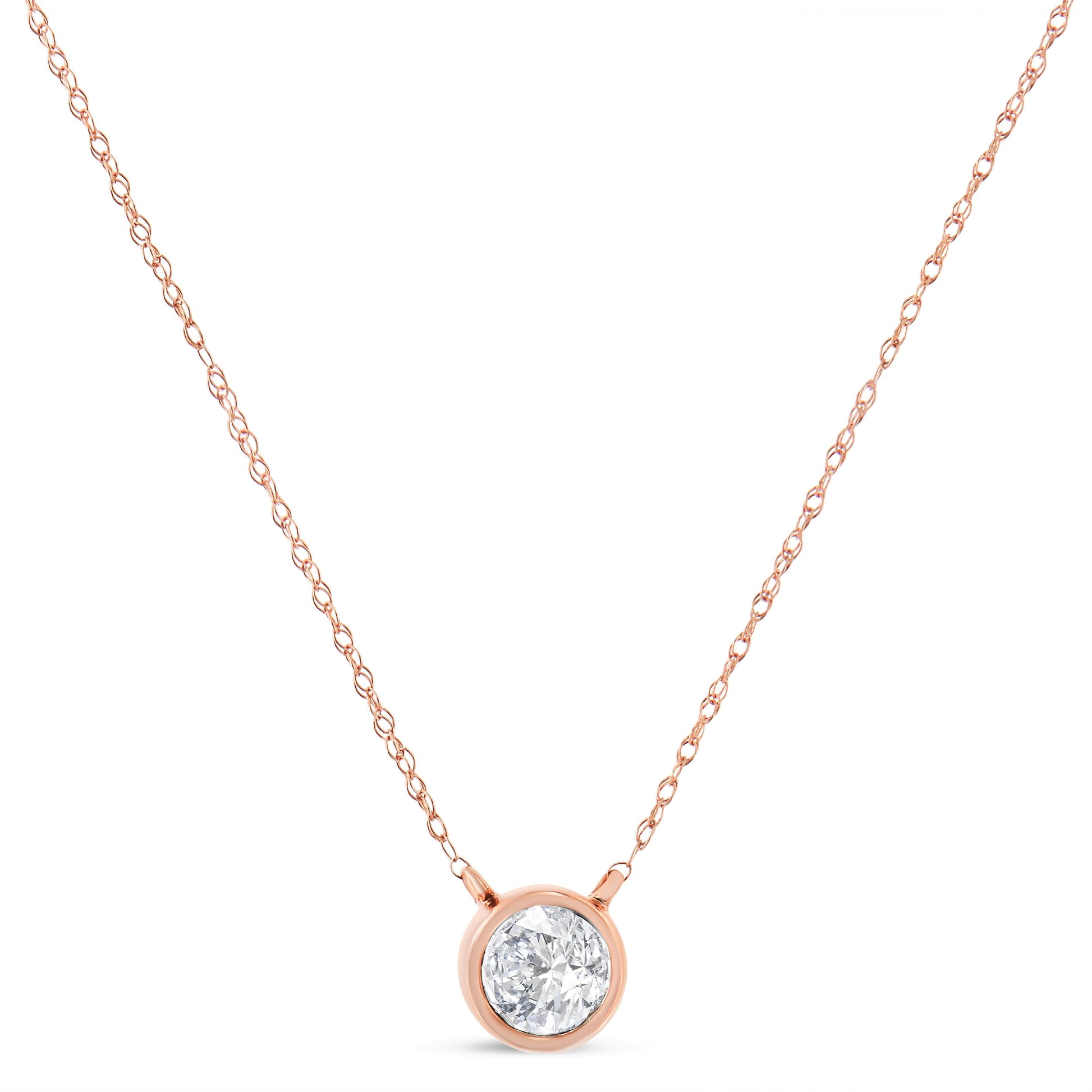 AGS Certified 10K Rose Gold 1/5 Cttw Bezel Set Round Diamond Solitaire 16-18" Adjustable Pendant Necklace (H-I Color, VS1-VS2 Clarity) Bids.com