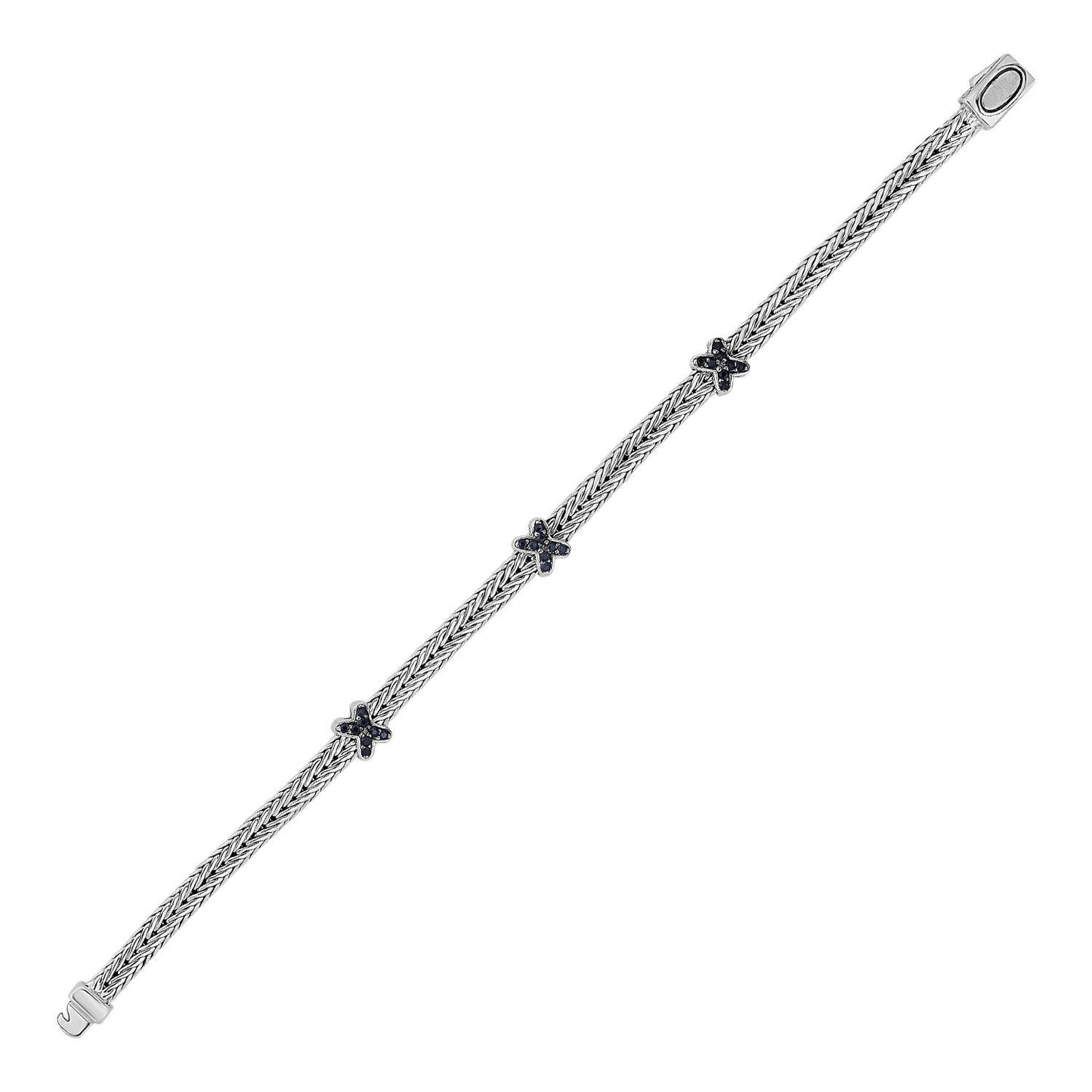 Woven Rope Bracelet with Black Sapphire X Accents in Sterling Silver Bids.com