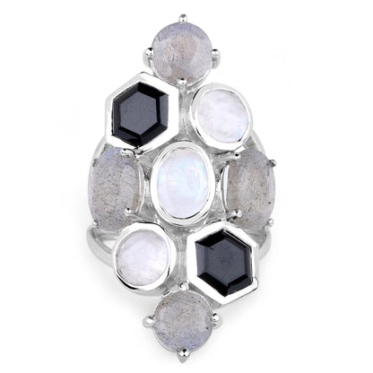 10.30 Carat Genuine White Rainbow Moonstone, Labradorite And Black Onyx .925 Sterling Silver Ring Bids.com