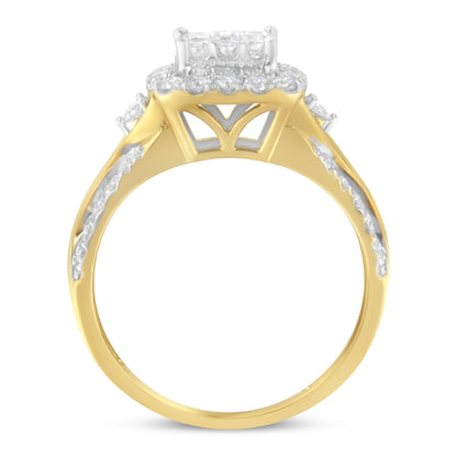 10K Yellow Gold 1.0 Cttw Diamond Composite Cushion-Shape Halo 3-Band-Look Engagement Ring (H-I Color, SI1-SI2 Clarity) - Size 6-1/4 Bids.com