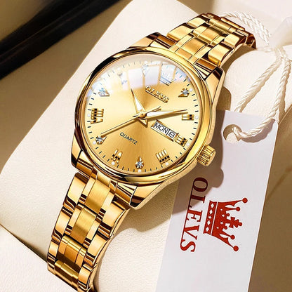 Women's Gold Stainless Steel Quartz Watch Dual Calendar BandsCo Straps