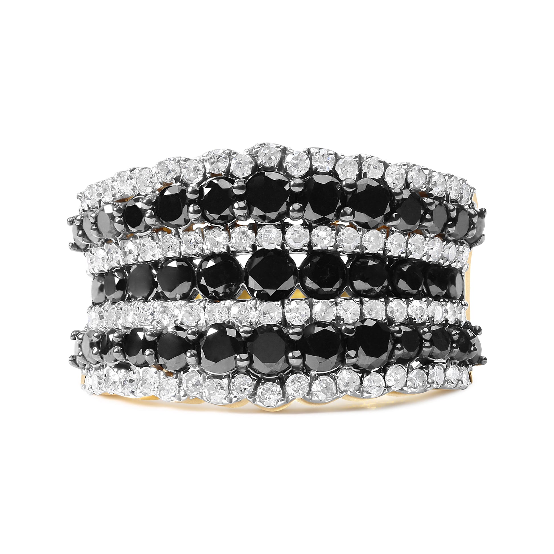 14K Yellow Gold Plated .925 Sterling Silver 1 3/4 Cttw Treated Black and White Alternating Diamond Multi Row Band Ring (Black / I-J Color, I2-I3 Clarity) - Size 7 Bids.com