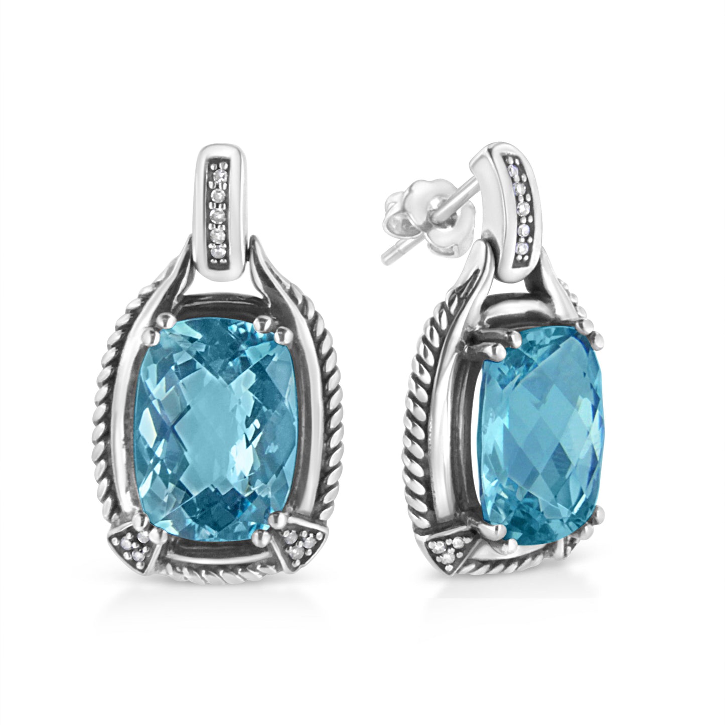 .925 Sterling Silver 14x10MM Cushion Cut Blue Topaz Gemstone and Diamond Accent Dangle Earring (I-J Color, I1-I2 Clarity) Bids.com