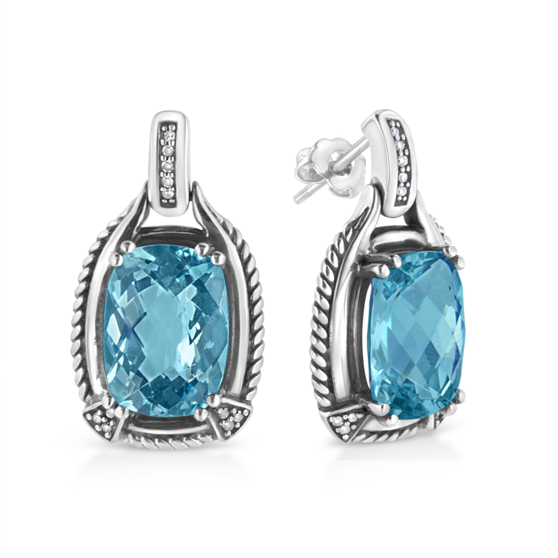 .925 Sterling Silver 14x10MM Cushion Cut Blue Topaz Gemstone and Diamond Accent Dangle Earring (I-J Color, I1-I2 Clarity) Bids.com